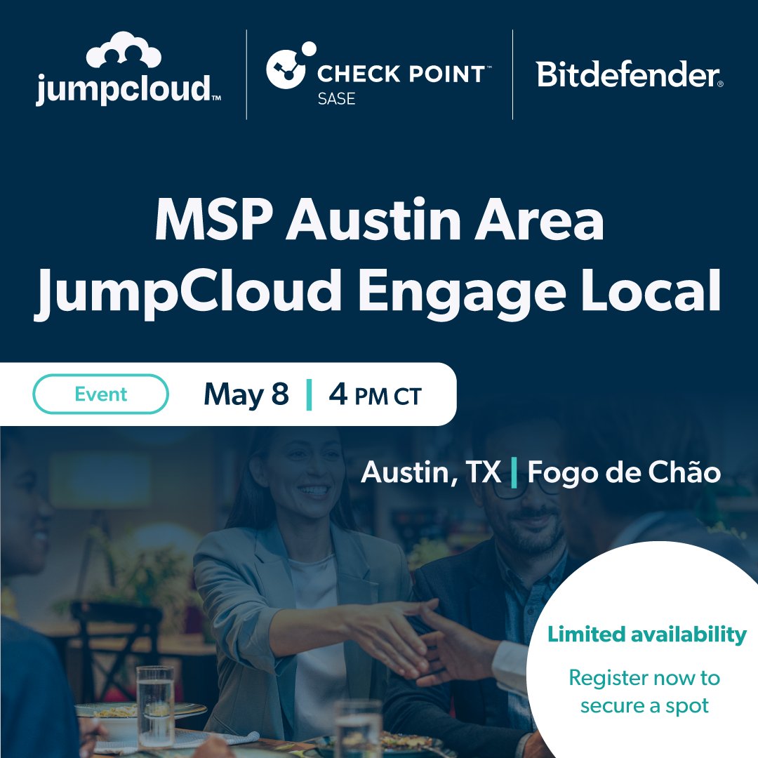 Austin, we're coming for you! Join JumpCloud, @CheckPointSW, and @Bitdefender on Wednesday, May 8th to network with your fellow MSPs. We'll provide refreshments and the latest information on our partner program. Don't miss out! jumpcloud.com/events/austin-…