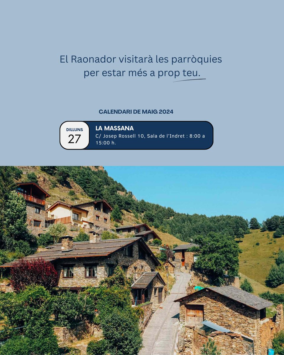 Amb la finalitat d'apropar-se a tu, el Raonador visitarà demà la parròquia <a href="/comudelamassana/">Comú de la Massana</a>.

Concreta una cita:
📷Al telèfon gratuït 18003030 o bé al 810585.
📷 De 8 h a 15 h cada dia i dijous de 8 h a 17 h.

#Raonador