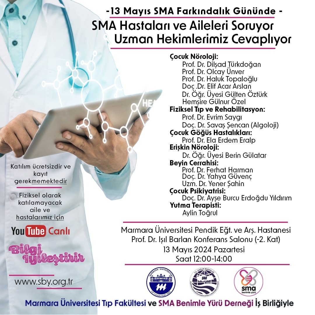 “13 Mayıs SMA Farkındalık Günü” münasebetiyle, Marmara Üniversitesi Tıp Fakültesi ve SMA Benimle Yürü Derneği’nin işbirliğiyle SMA hastaları ve aileleri soruyor, uzman hekimlerimiz cevaplıyor. Tüm hastalarımız ve ailelerimiz davetlidir. Marmara Üniversitesi Pendik Eğitim ve…