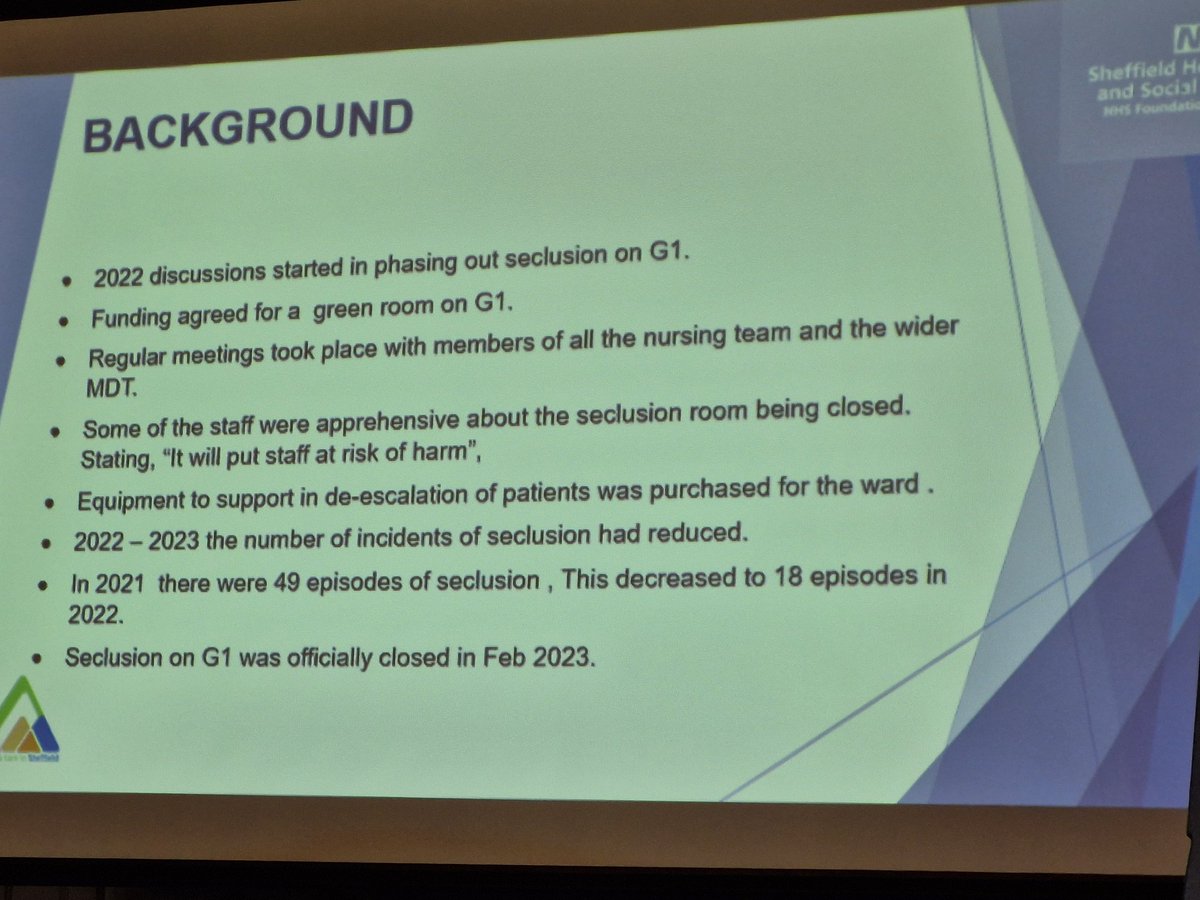 Now we are hearing from G1 and their work to remove seclusion. Evidence tells us that if it is there, it will be used. Staff needed support and resources to close the room and reinvent it to a more therapeutic space. Well done 👏 💫 #LRPC24 @SHSCFT
