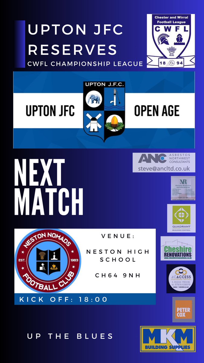 🔵⚫️⚪️ Upton JFC Youth / Reserves 🆚 @NestonNomadsFC Reserves ⚽️ @CWFL_Press 🏟️ CH64 9NH 📅 01/05/2024 ⏰ 18:00 Last game of the season for the lads, it’d be much appreciated to have as many people come down to support the Blues 👍🏻