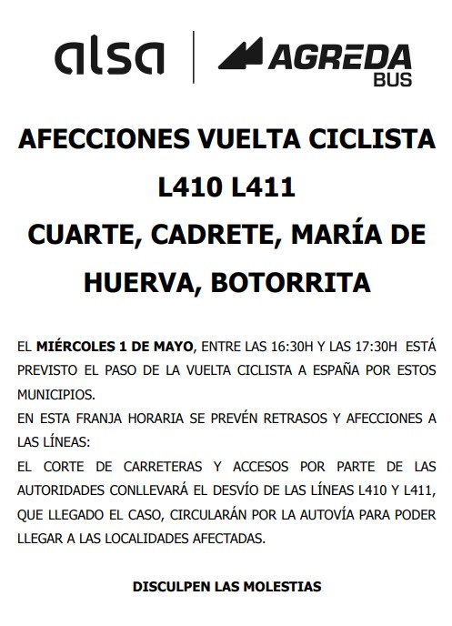 📢‼️ Afecciones por Vuelta Ciclista Femenina a España 2024🚴‍♂️🚴‍♀️🚴
🚍L310,L410,L411 del <a href="/CTAZgz/">CTAZ</a> 
👉shorturl.at/nwDWX