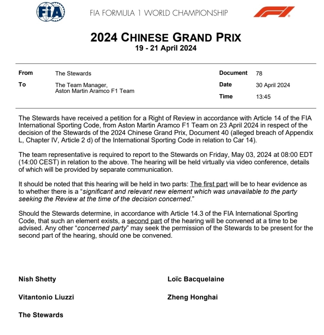 ‼️Aston Martin pide revisar de nuevo la acción de Fernando con Carlos en la Sprint race del GP de China.
La reunión sería este viernes a las 14:00

#F1 #ChineseGP