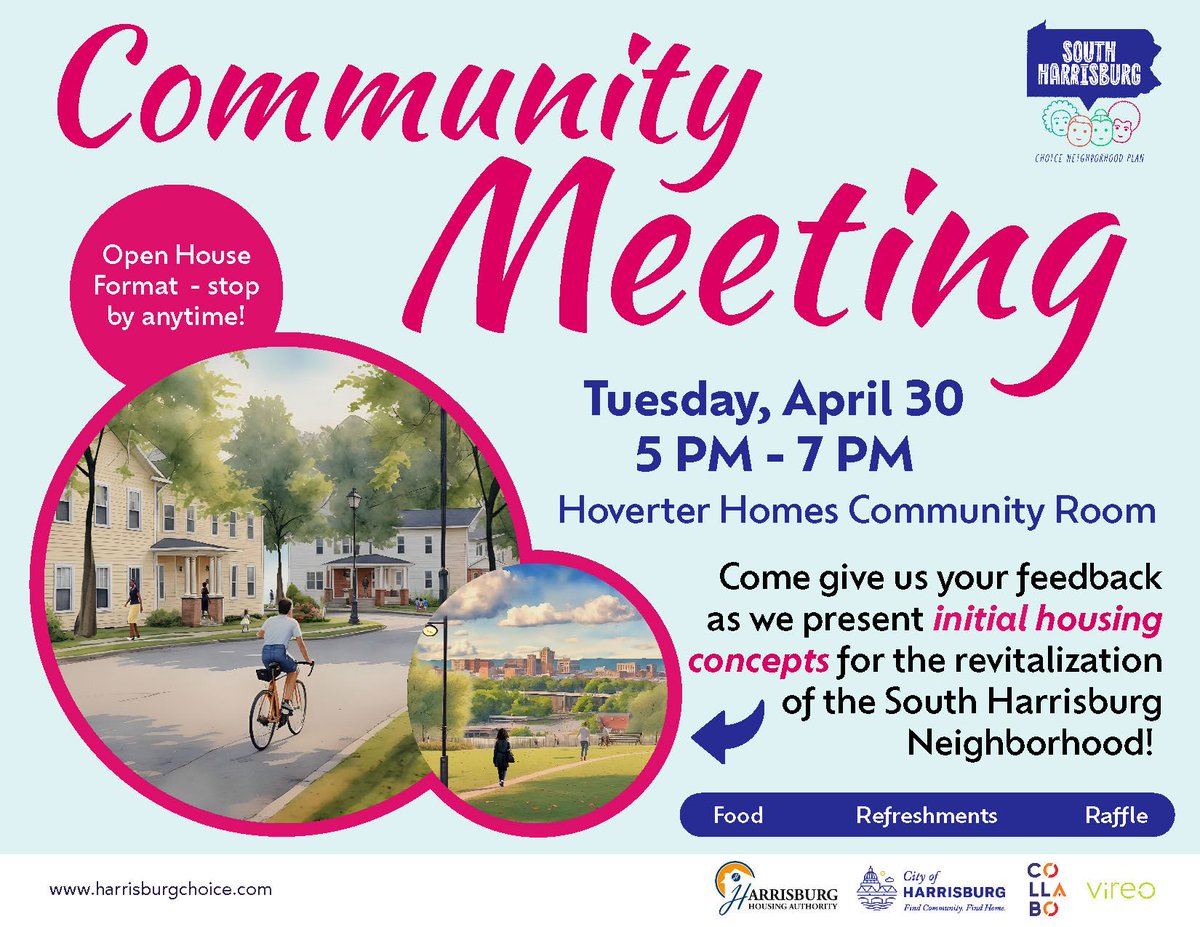 Take a role in what YOUR neighborhood looks like! Join us from 5-7pm tonight at the Hoverter Homes Community Room to see first concepts for the South Harrisburg Choice Neighborhood Plan presented by the Harrisburg Housing Authority.