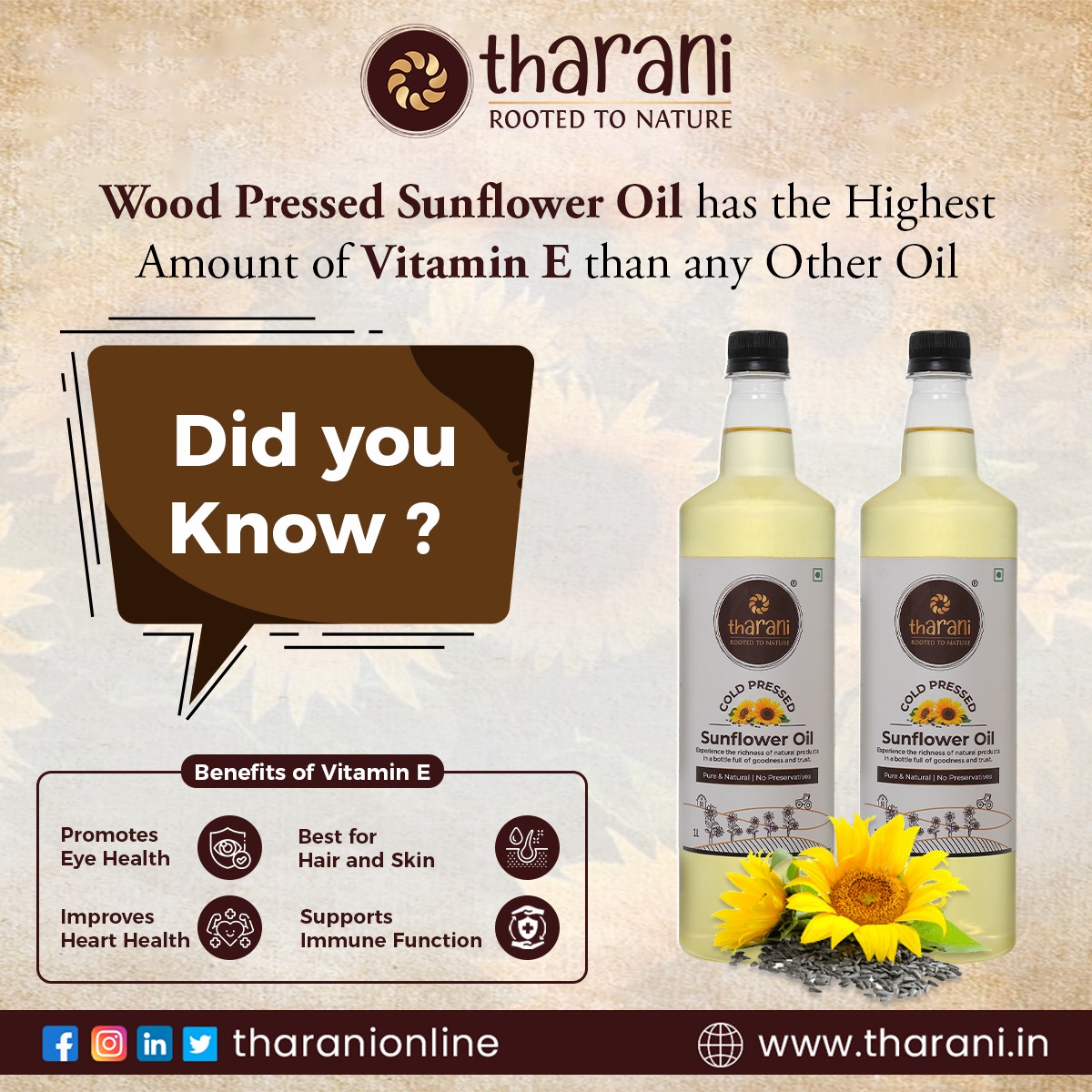Add Tharani Wood Pressed Sunflower Oil to your daily routine for a boost in Vitamin E and a healthier lifestyle.
📷Order Online: bit.ly/3W00Ikr
📷Call us: 062817 82290
#tharani #tharanisunfloweroil #vitamine #sunfloweroil #healthyliving #eyehealth #haircare #skincare