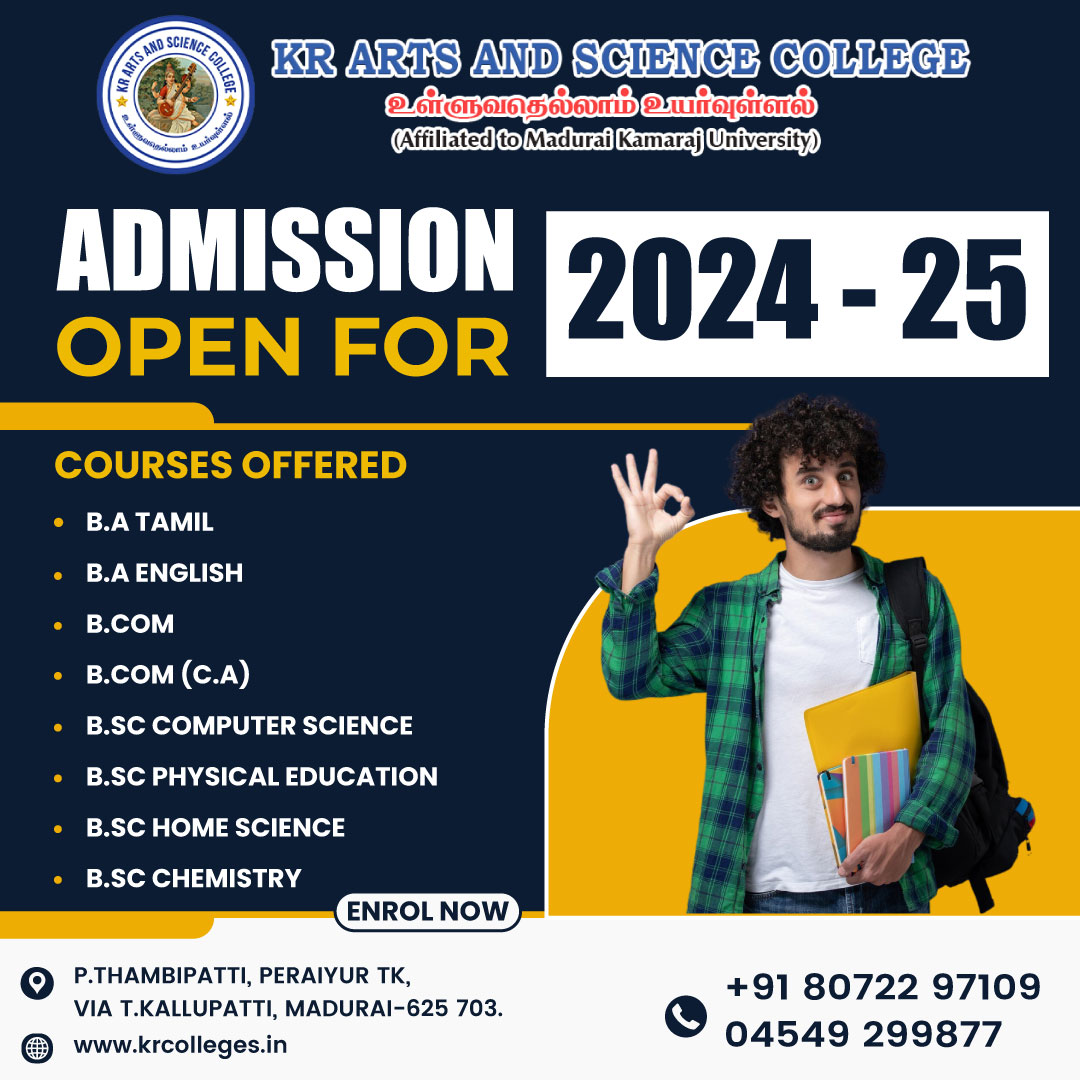 Admission Open for 2024 - KR Arts & Science College #madurai #education #library #campus #transportfacility #communicationskill #ecofriendlyenvironment #tamil #english #bcom #ca #bsc #computerscience #Physicaleducation #courses #admission #homescience #courses #visitsite #new