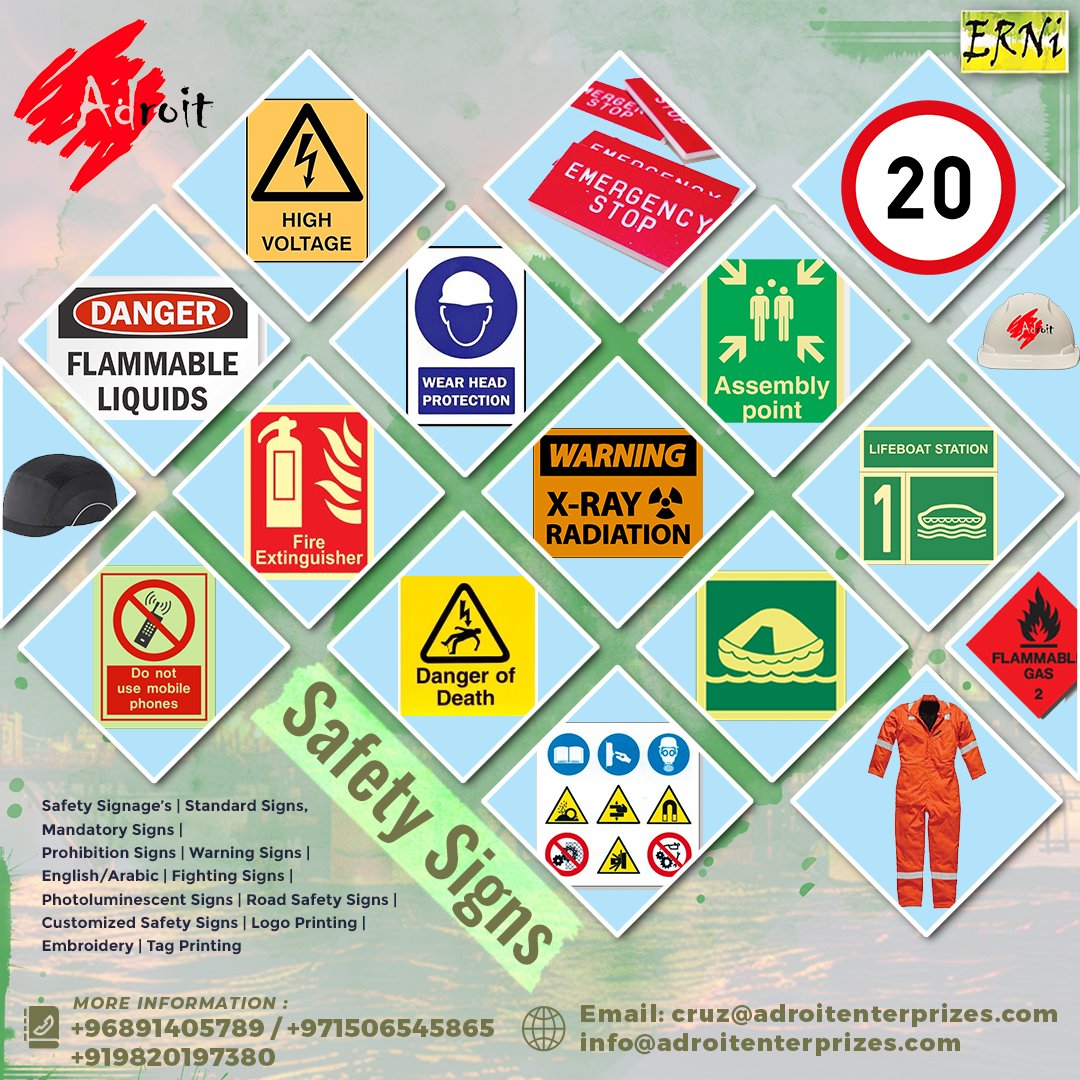 Safety Signage for Every Need! 🚧⚠️
At Adroit Enterprises, we provide a comprehensive range of safety signs to meet your workplace safety requirements.
 Call: Phone:+96891405789 / +971506545865 / +919820197380
Visit:adroitenterprizes.com
#SafetySigns #StandardSigns #Mandatory