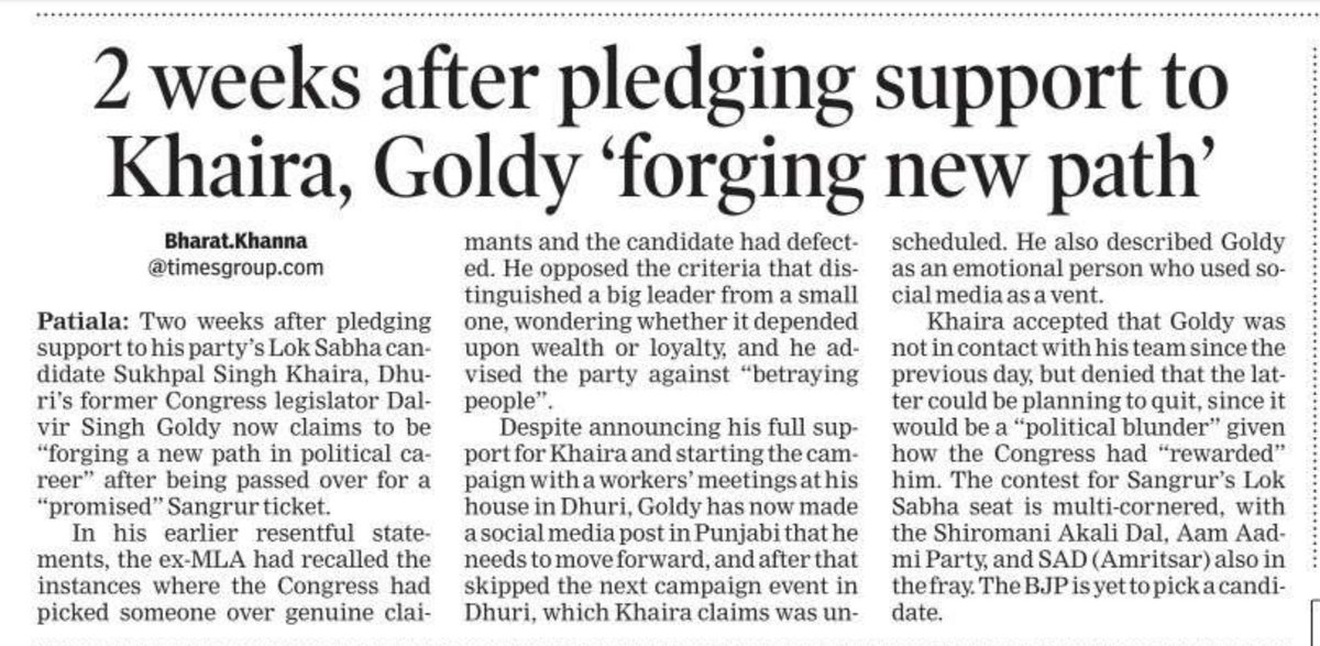 2 weeks after pledging support to Khaira, Goldy forging new path' Goldy Khangura has resigned from primary membership of Congress and PPCC Sangrur district president post
