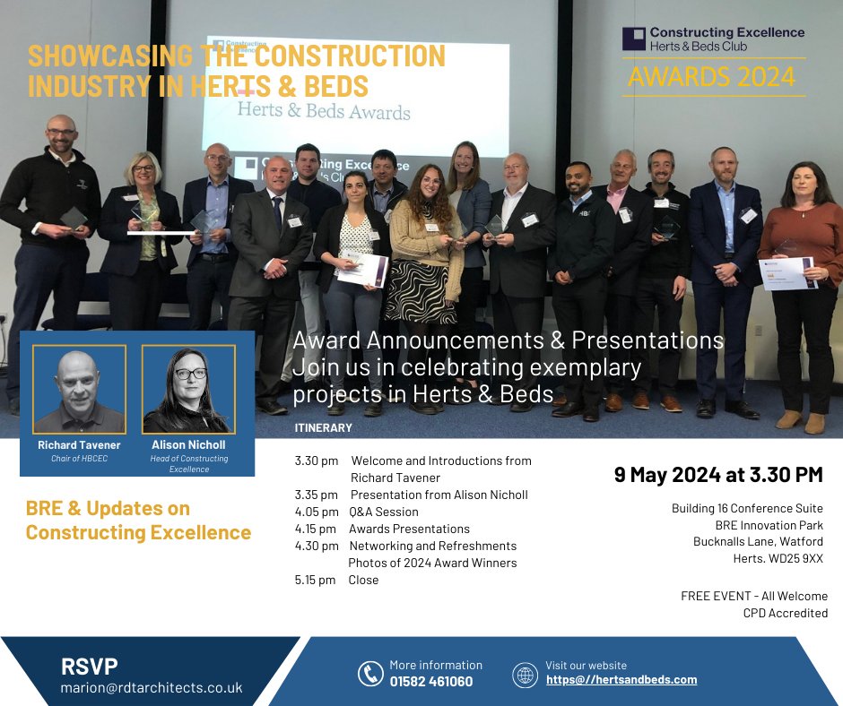 Showcasing the Construction Industry in #Herts & #Beds @rdtarchitects extend an invite to join us at the @hertsbedsce awards presentation event Hosted by @RichardTavener with guest @AlisonNicholl @constructingexc #HBCEC2024 #ConstructionExcellence #Awards #Networking #Innovation