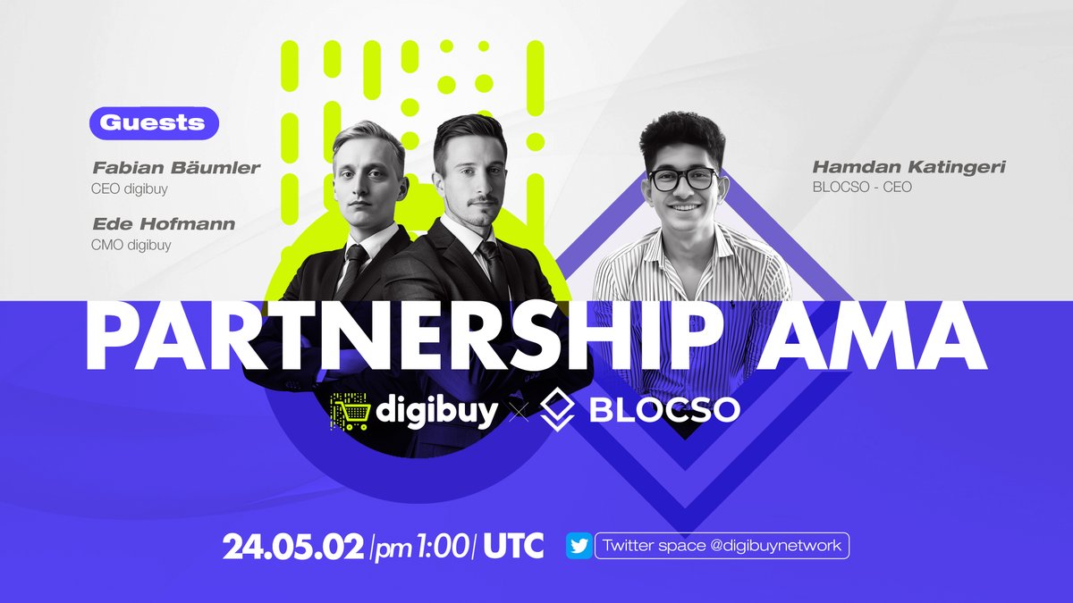 💙 Digi's 💙 🎤 Its time to see our CEO Fabian on stage again, and discuss the future of social networks in web3! 🤝 We are happy to welcome Hamdan Katingeri, the CEO of BLOCSO (blocso.com) to our partnership AMA. 📍2024/05/02 - 1.00 PM UTC @digibuynetwork