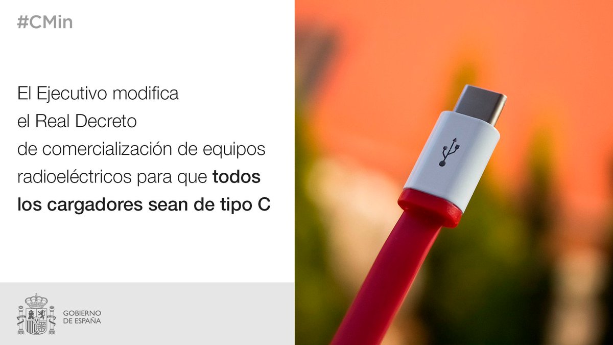 🔌 El #Cmin modifica el Real Decreto de comercialización de equipos radioeléctricos para que todos los cargadores de aparatos electrónicos sean USB tipo C a partir de final de año 💻 Para los ordenadores portátiles será obligatorio en abril de 2026 🔗 portal.mineco.gob.es/es-es/comunica…