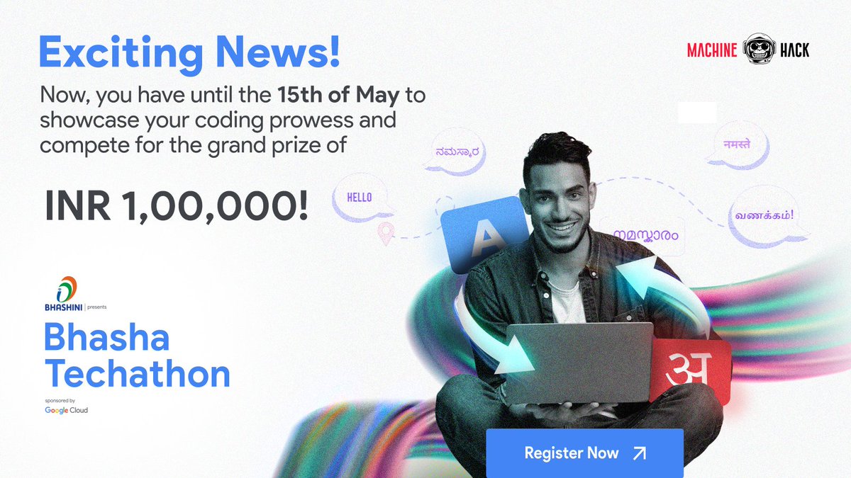 JoinMachinehack's tweet image. ๐ข Join us to empower Indian languages with tech! Showcase your coding skills for a chance to win up to INR 1,00,000 at Bhasha Techathon! New deadline: May 15.
Let's code the future together! ๐ก๐ป
lnkd.in/dUwuMAkM
@googlecloud #CodeForIndia #Bhashini #BhashaTechathon