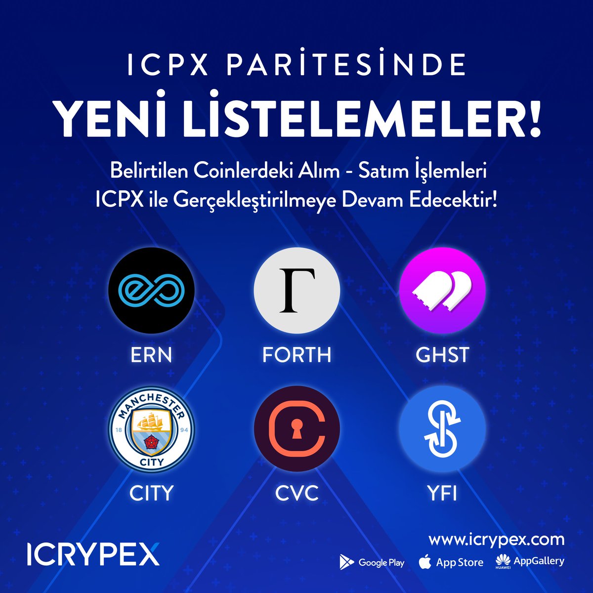 ERN, FORTH, GHST, CITY, CVC ve YFI kripto varlıkları ICPX paritesinde listelendi! 🥳 ICPX paritesinde hızlı, güvenli ve şeffafca işlem gerçekleştirebilmek için hemen ICRYPEX'i ziyaret edin! 👉 icrypex.com/tr