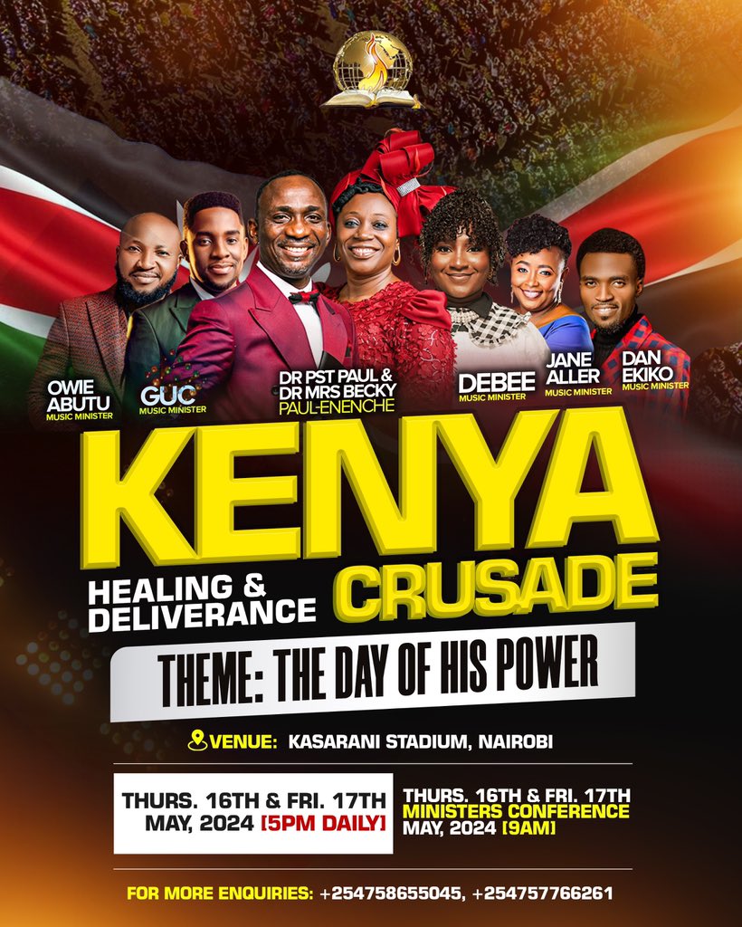Kenyans‼️, it’s Goodnews as Dr. PST. Paul Enenche and Dr. Mrs. Becky Paul-Enenche storms the Nation’s Capital Nairobi for a Healing and Deliverance Crusade at KASARANI STADIUM on Thursday the 16th of May 2024 through Friday the 17th of May 2024 with the theme, “THE DAY OF HIS…