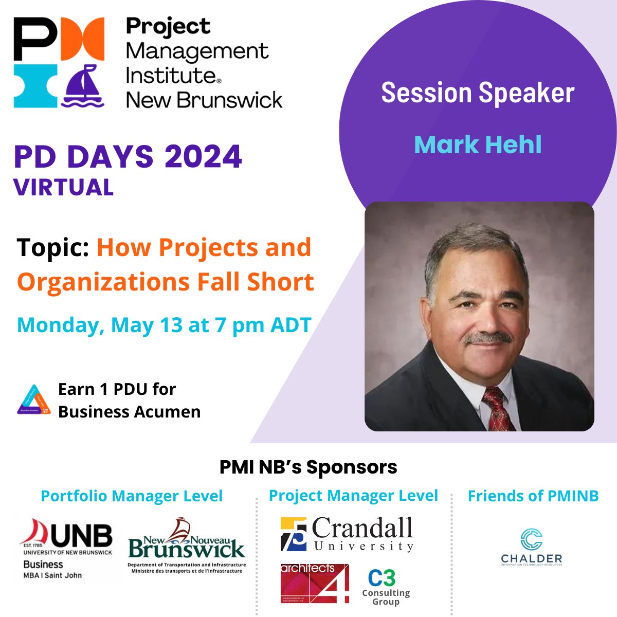 ✨ PMI New Brunswick Presents: Speaker Highlight for PD Days 2024! ✨

Today’s highlighted speaker is Mark Hehl with his topic "How Projects &amp; Organizations Fall Short". 
Register now at bit.ly/pdday-register

#pminbpddays #PMINB #