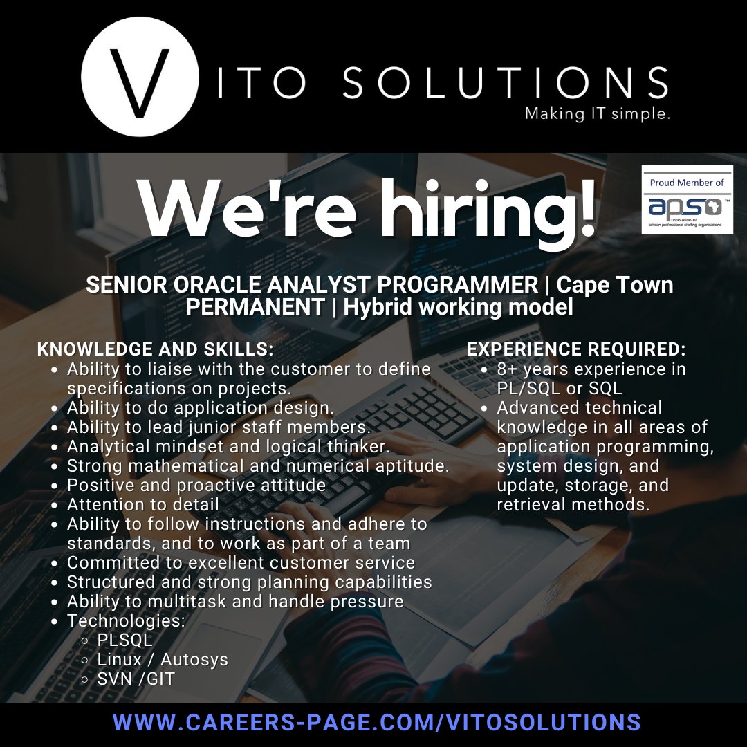 😃 POSITION AVAILABLE 😃

👉 SENIOR ORACLE ANALYST PROGRAMMER 👈

✔️ Permanent
✔️ Cape Town (Hybrid)

Apply here: 👇
ow.ly/KY1q50Rh1ar

Share with anyone who might be interested! 💪🙃

ow.ly/x8ON50Rh1ao
#StrongerTogether #ITjobs #Hiring