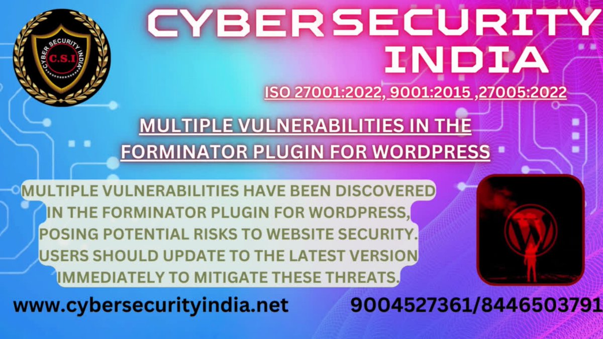 Critical vulnerabilities found in Forminator WordPress plugin

 #WordPress #CyberSecurity #Vulnerabilities #InfoSec #WebSecurity #WordpressSecurity #Plugin #Forminator #SecurityFlaws #PatchNow

9004527361/8446503791
cybersecurityindia.net
@msanjeet2u