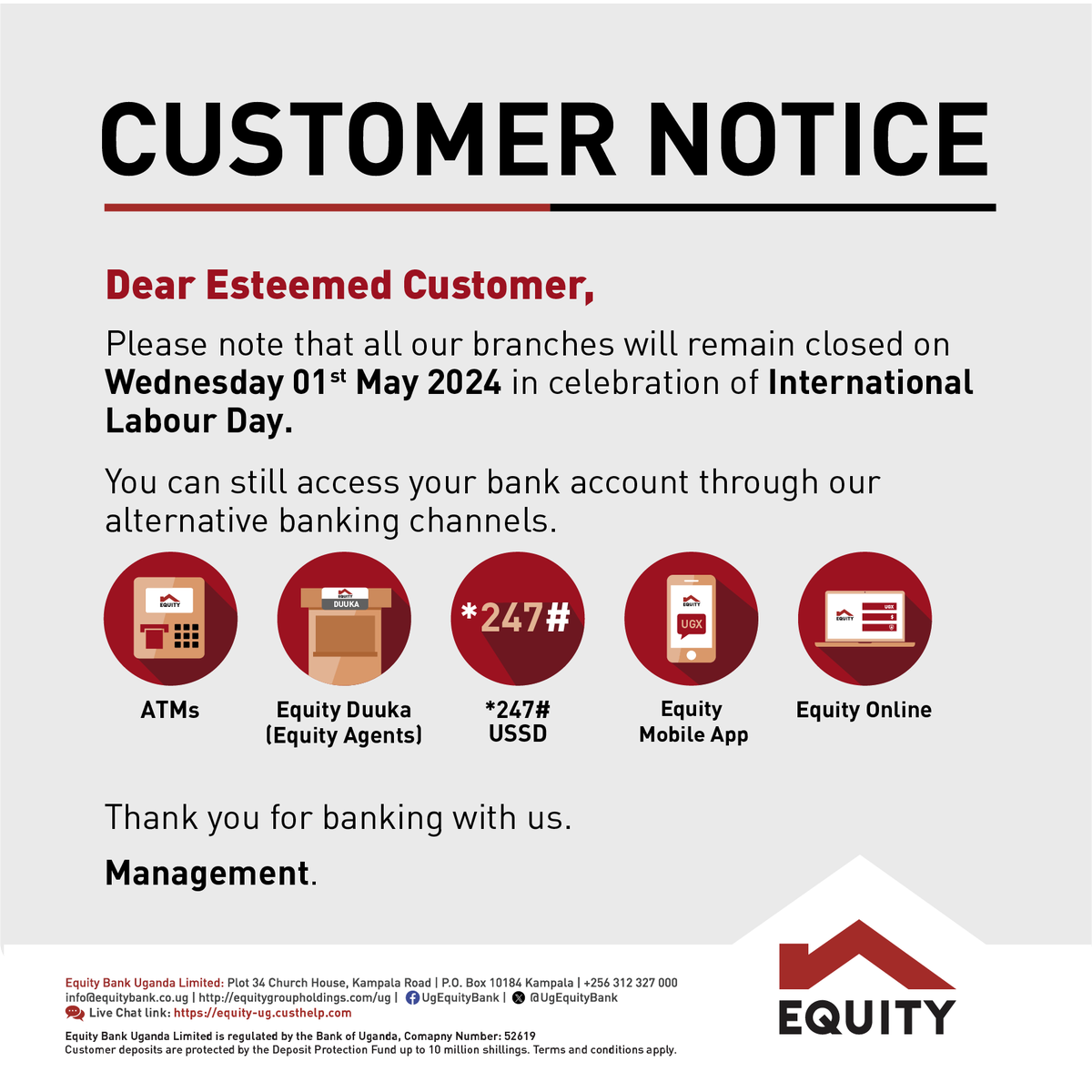 NOTICE: Please note all our branches will be closed tomorrow in honour of #LabourDay Our alternative banking channels remain available for support.