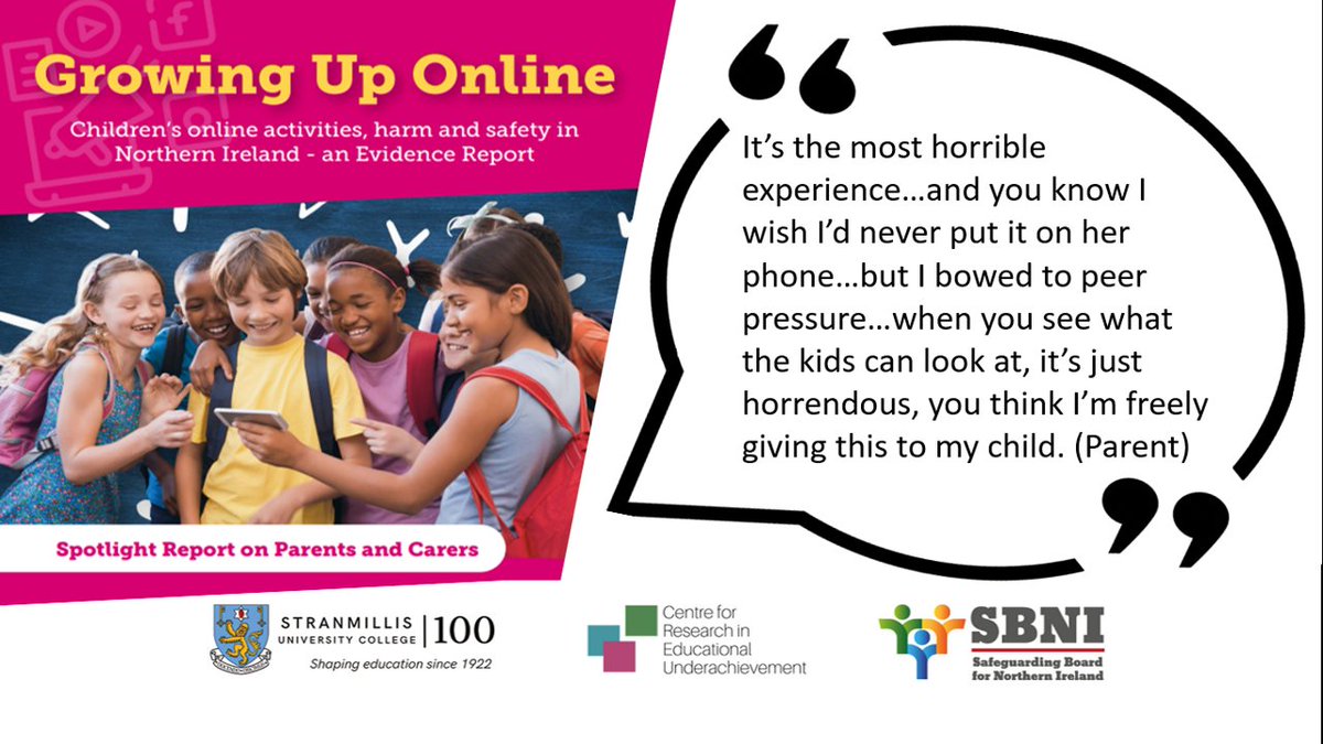 Today, we publish our #GrowingUpOnlineNI Spotlight Report on Parents and Carers by @StranCreu. It acknowledges that being online brings many benefits to children, but clearly voices the challenges and sense of fear that some parents feel. onlinesafetyhub.safeguardingni.org/growing-up-onl…