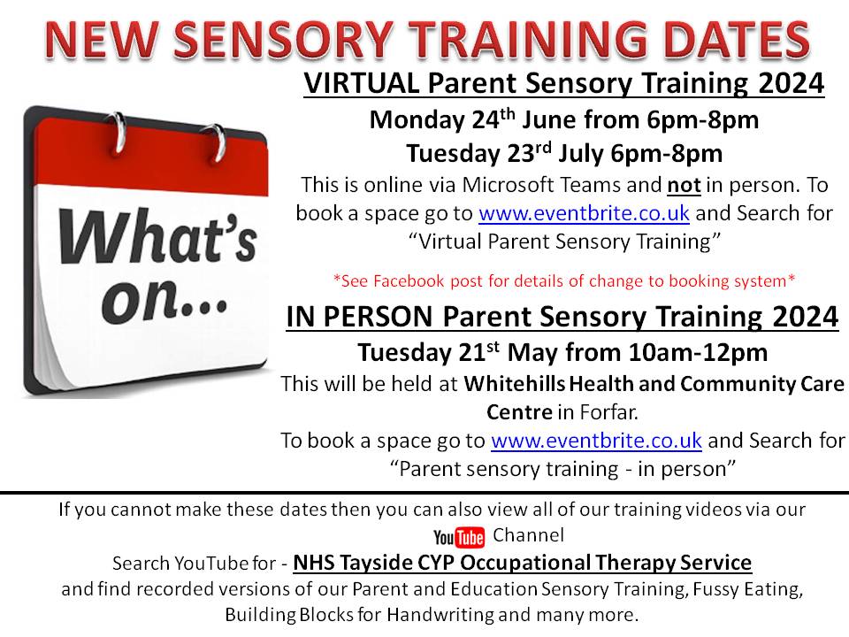 NHS Tayside Child Health Occupational Therapy (@tayside_cypot) on Twitter photo 🎉What's on Wednesday🎉
See below for dates for our next Sensory Processing training. Our booking system has changed; Eventbrite now only allows 25 people to sign up for a free event. If the training is saying it's full, email us at Tay.childhealthot@nhs.scot and we can book you! 🎉What's on Wednesday🎉
See below for dates for our next Sensory Processing training. Our booking system has changed; Eventbrite now only allows 25 people to sign up for a free event. If the training is saying it's full, email us at Tay.childhealthot@nhs.scot and we can book you!