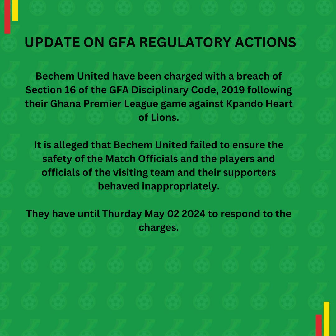 Bechem United have been charged with a breach of Section 16 of the GFA Disciplinary code. It is alleged that the Hunters failed to ensure the safety of match officials and the players and officials of Heart of Lions, including coach Bashir Hayford. #3SportsGH