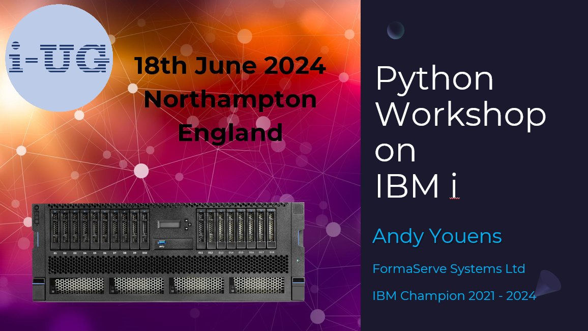 Join me for a fun day of #python programming on the #ibmi as part of the i-UG - IBM i User Group #Power Conference 2024 on 18 June #IBMChampion @FormaServe  @PowerWire Register now i-ug.co.uk/registration-p…