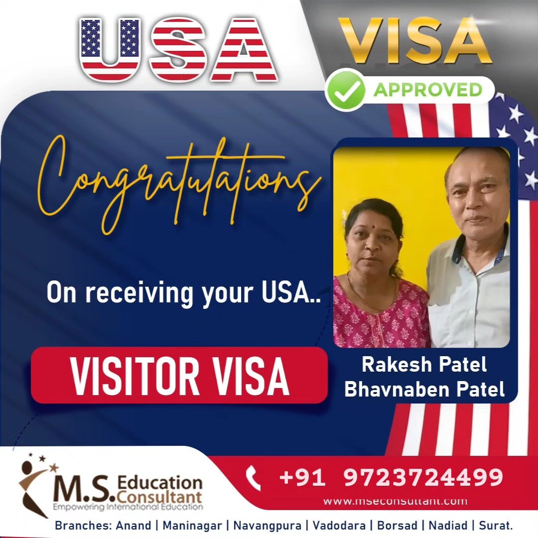 Congrats to Rakesh & Bhavnaben 🎉 for USA 🇺🇲 #VisitorsVisa Approval 💐

🔸Visa in 1st attempt
🔸Apply with or without sponsor, tourists visa
🔸Expert guidance

#MSEducationConsultant #StudentVisa #StudyAbroad #IELTS #Immigration #StudyInUSA #bestvisaconsultant #bestieltscoaching