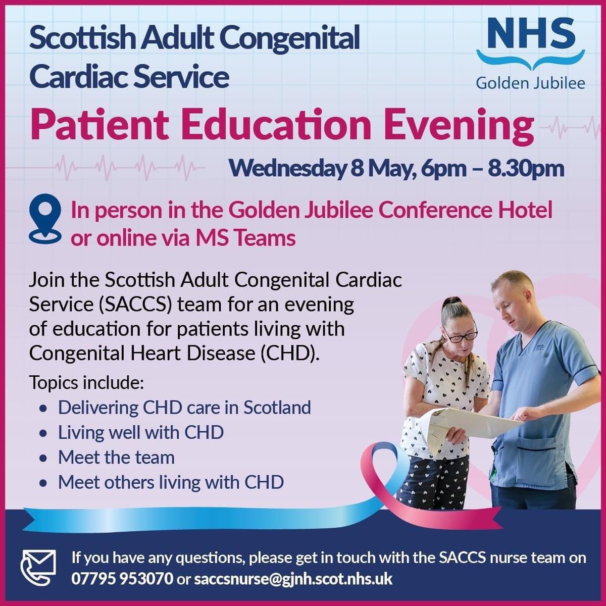 ❤ Our Scottish Adult Congenital Cardiac Service #SACCS team is hosting an education evening in on Wednesday 8 May for patients living with congenital heart disease. 📣 Don't forget to register your place at eventbrite.co.uk/e/scottish-adu… 📧 saccsnurse@gjnh.scot.nhs.uk for more info