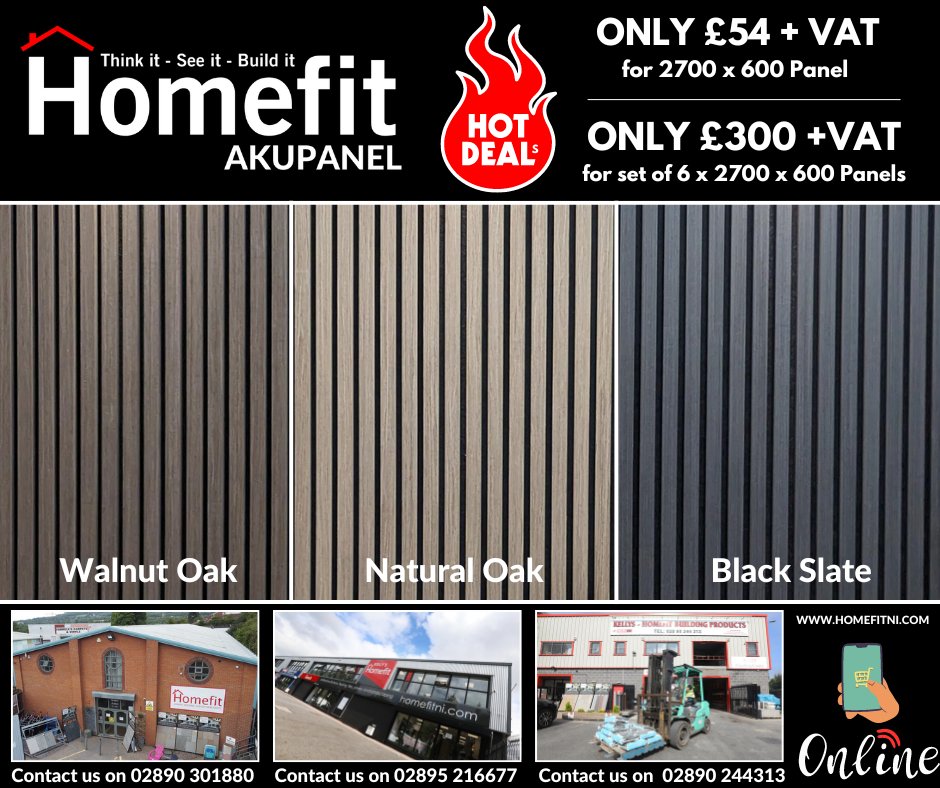 𝗧𝗛𝗘 𝗛𝗢𝗠𝗘𝗙𝗜𝗧 𝗔𝗞𝗨𝗣𝗔𝗡𝗘𝗟 𝗦𝗔𝗟𝗘 - We will not be beaten on price when it comes to Aku-Panelling. ONLY £50 per 2900 x 600 Slat if your order 6 or more ✔️ DM or contact the team on 02890 301880 or 2890 244313