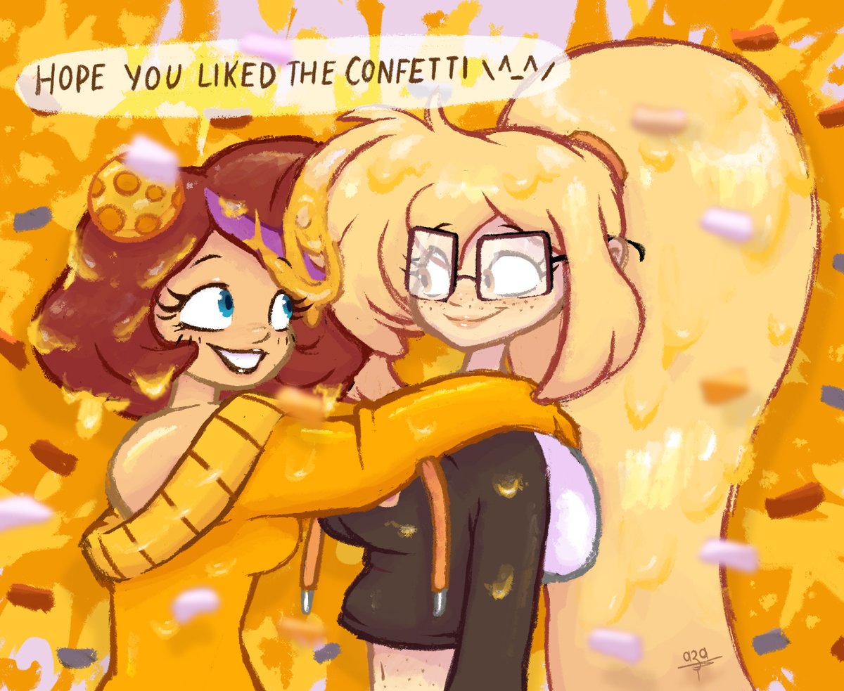 🧀🎉🥳🎂💛💛 A cheesy birthday gift for @CamsSketchyDra1, featuring the cheesiest set of girls around! ^^ 🎂🥳🎉🧀 I missed his birthday totally last year, but it's not happening again >:3