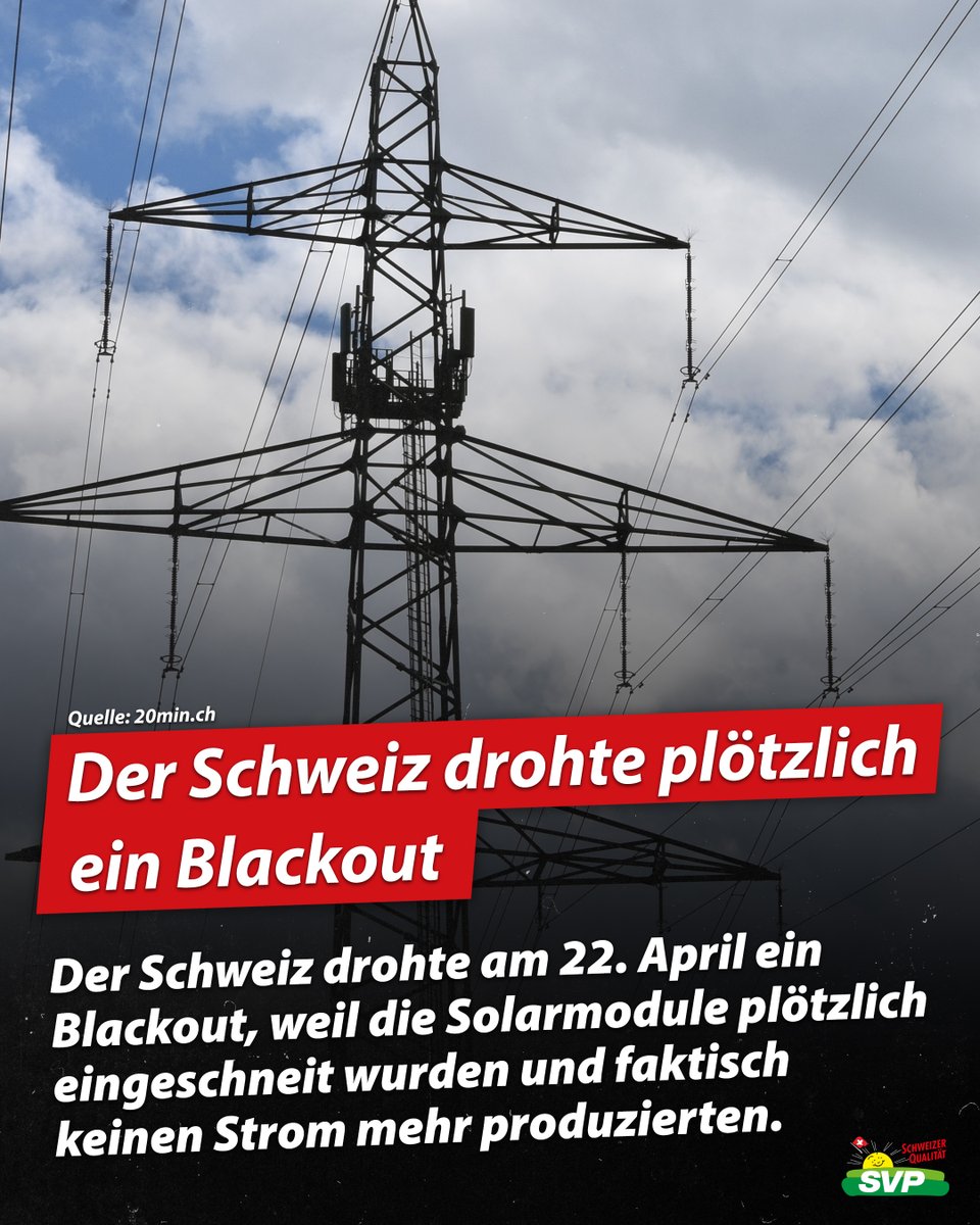 Der Schweiz drohte am 22. April ein Blackout, weil die Solarmodule plötzlich eingeschneit wurden und faktisch keinen Strom mehr produzierten. Sonne und Wind liefern unzuverlässigen Flatterstrom. Mit der Annahme des Stromgesetzes wird der Blackout zur Regel!