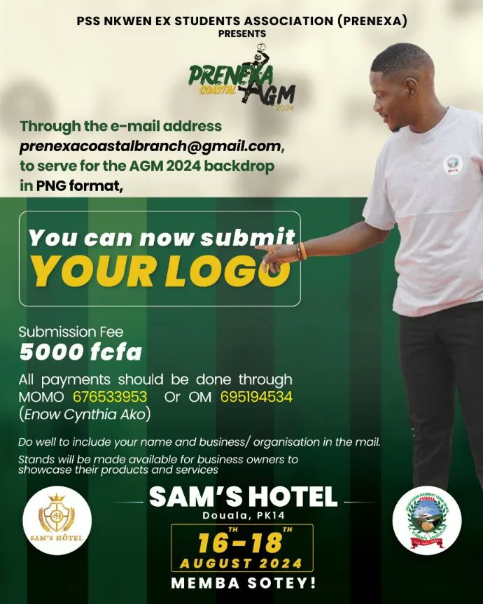 Dear PRENEXA, Submission for Logos for the AGM backdrop is opened. Use this opportunity to advertise you're businesses during our big Event. Stay tuned for more AGM updates. #MegamindsForVictory #PRENEXAAGM2024 #Douala2024 #MembaSotey