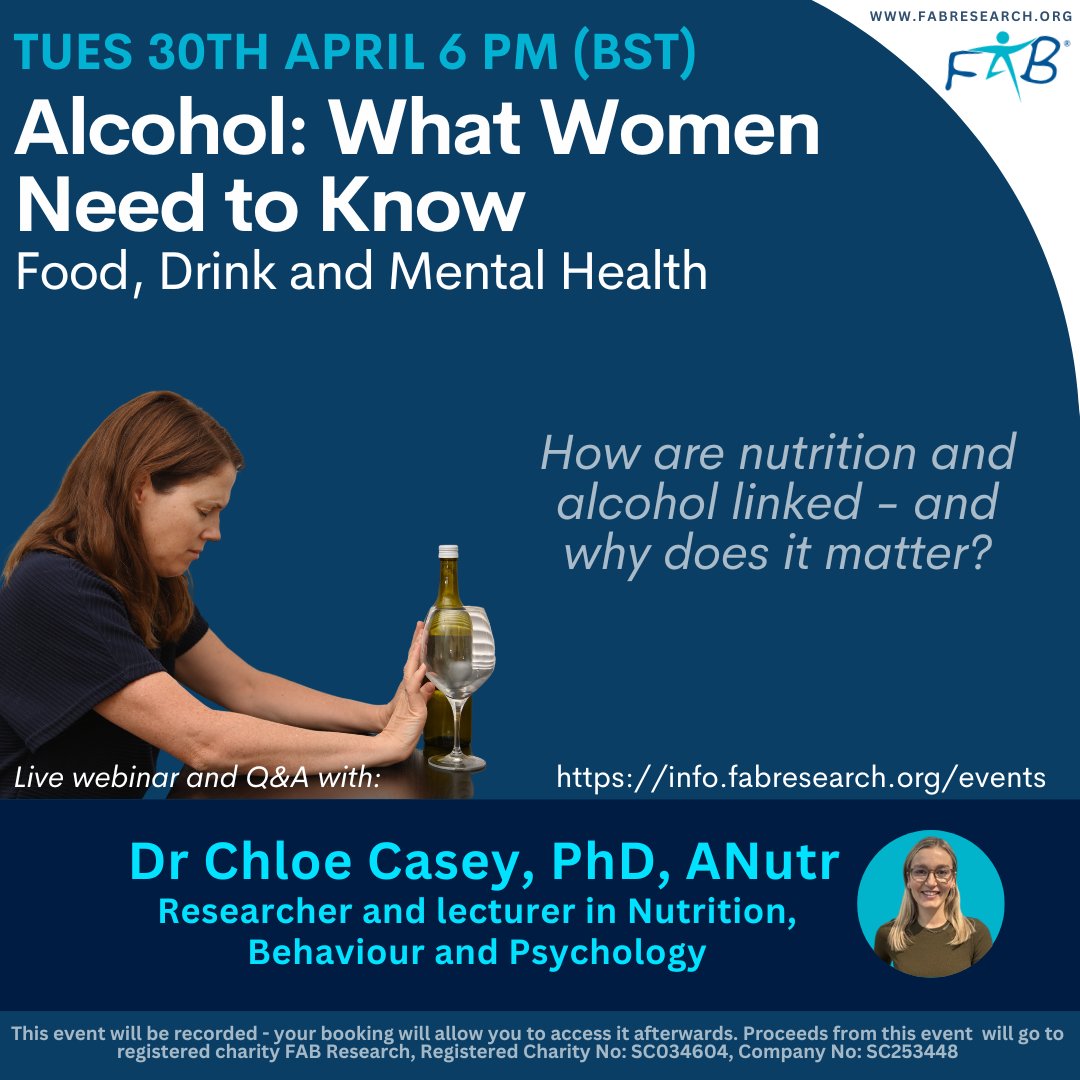 TONIGHT at 6 pm (BST) : Alcohol: What Women Need to Know Food, Drink and Mental Health Join FAB's live event: ow.ly/oyIN50Rh1EI What nutrients are washed away by regular drinking? And how does this affect health? #MindfulDrinking #DrinkResponsibly #WomenInHealth
