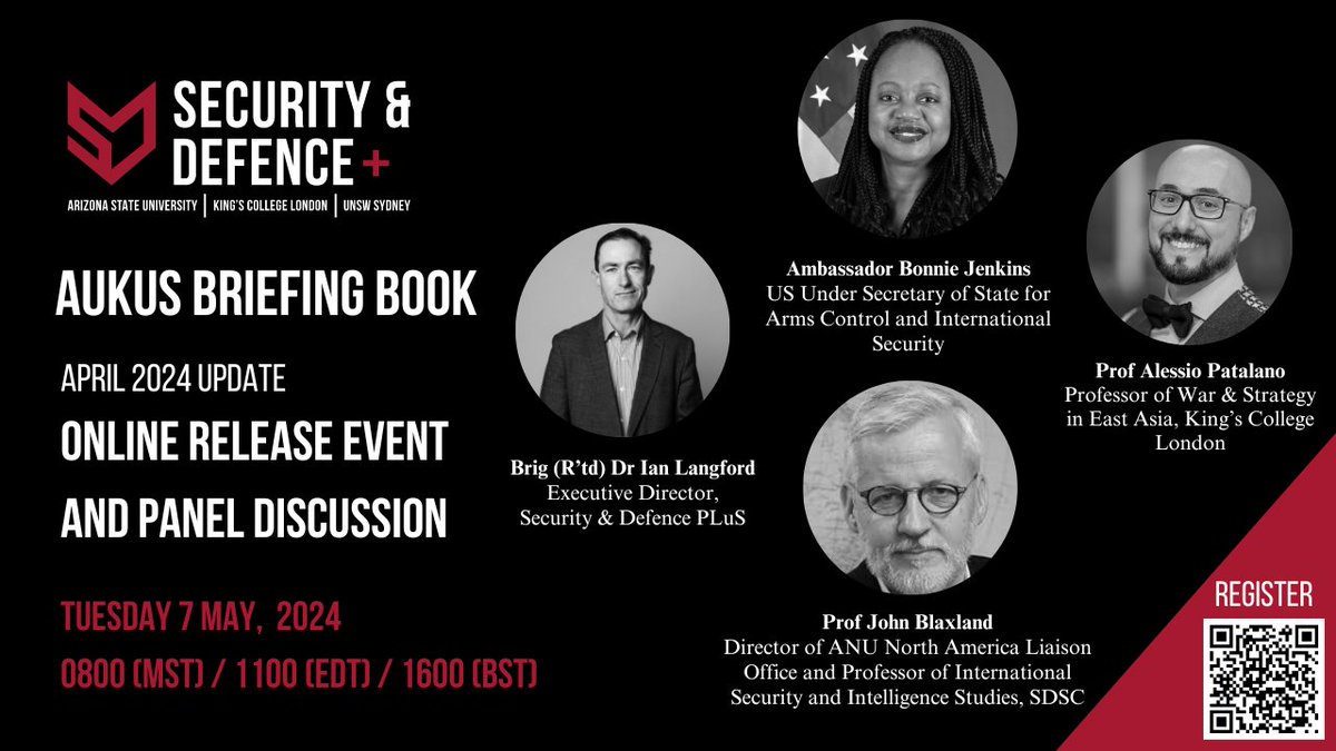 📢 Join our Security & Defence PLuS AUKUS Briefing Book Online Event Introduction from U/S of State for Arms Control & Int'l Security (@UnderSecT) Amb Bonnie Jenkins and #AUKUS panel discussion with Prof @JohnBlaxland1 and Prof @alessionaval. Register: tickettailor.com/events/securit…