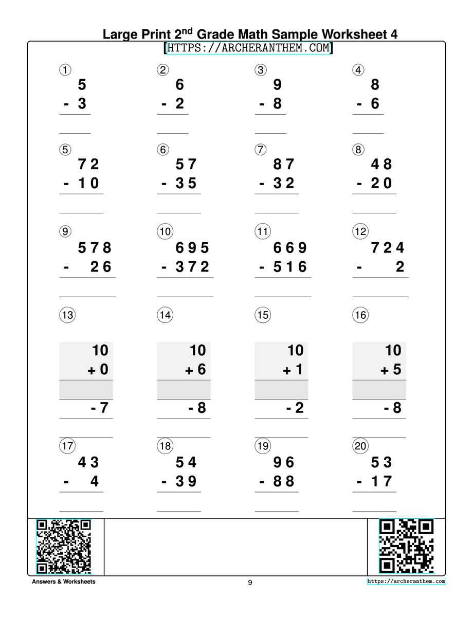 Large Print 2nd Grade Math Subtraction Worksheet Sample [ARCHERANTHEM.COM]  Scan  QR Code or Click the Link for Additional Samples and Answers.   Designed for Children with Low Vision.
archeranthem.com/workbooks/larg…
#homeschool
#visualimpairment #largeprint #lowvision #SightLoss