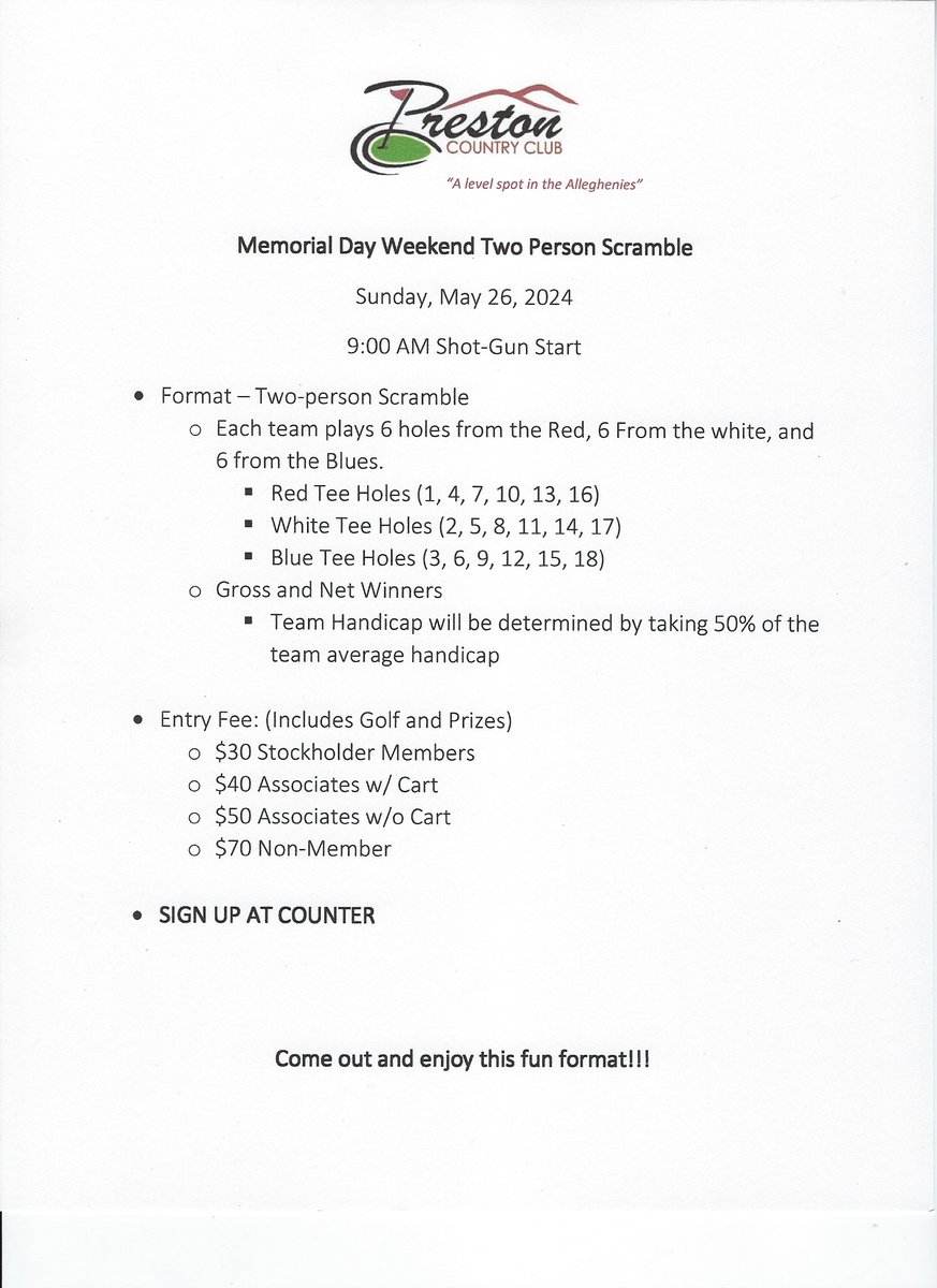 Again, thank you to everyone who made Opening Day 2024 a huge success!  Our next club event is the Memorial Day Weekend Scramble on Sunday, May 26th.  Sign up in the shop or call 304-329-2100.  #memorialdayweekend #scramble #PCC #VisitMountaineerCountry