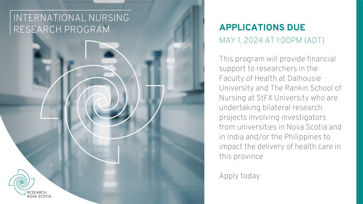 Reminder that applications for the International Nursing Research Program are due tomorrow, May 1st at 1pm (ADT)! ➡️researchns.ca/international-…