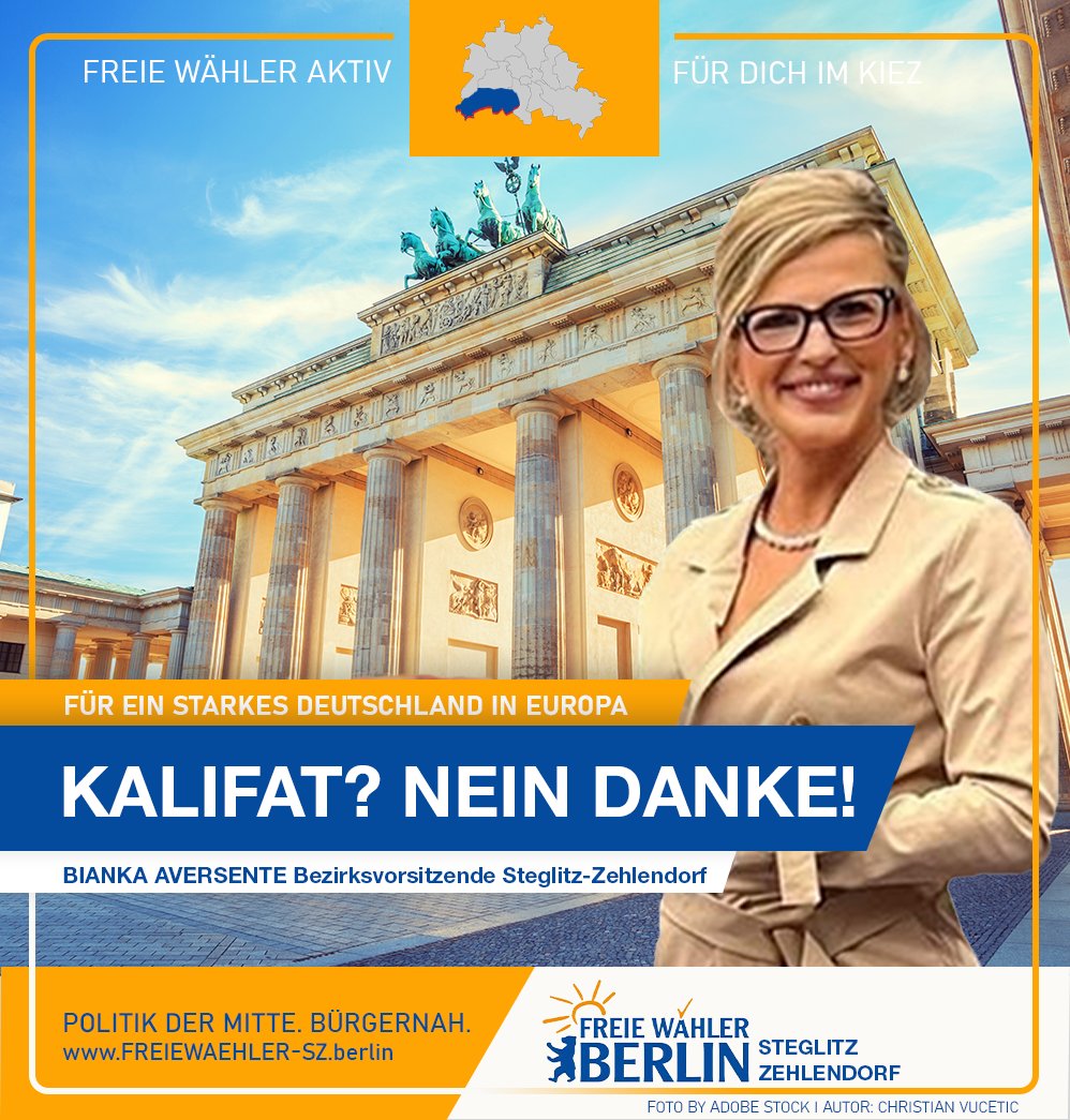 Deutschland ist eine freiheitliche #Demokratie kein #Kalifat! Um es ganz deutlich zu sagen: “Wer ein Kalifat auf deutschem Boden verlangt, ist ein #Verfassungsfeind, gehört ins Gefängnis oder ausgewiesen.” #FreieWähler #Berlin #Steglitz
fwberlinsz.de/deutschland-is…