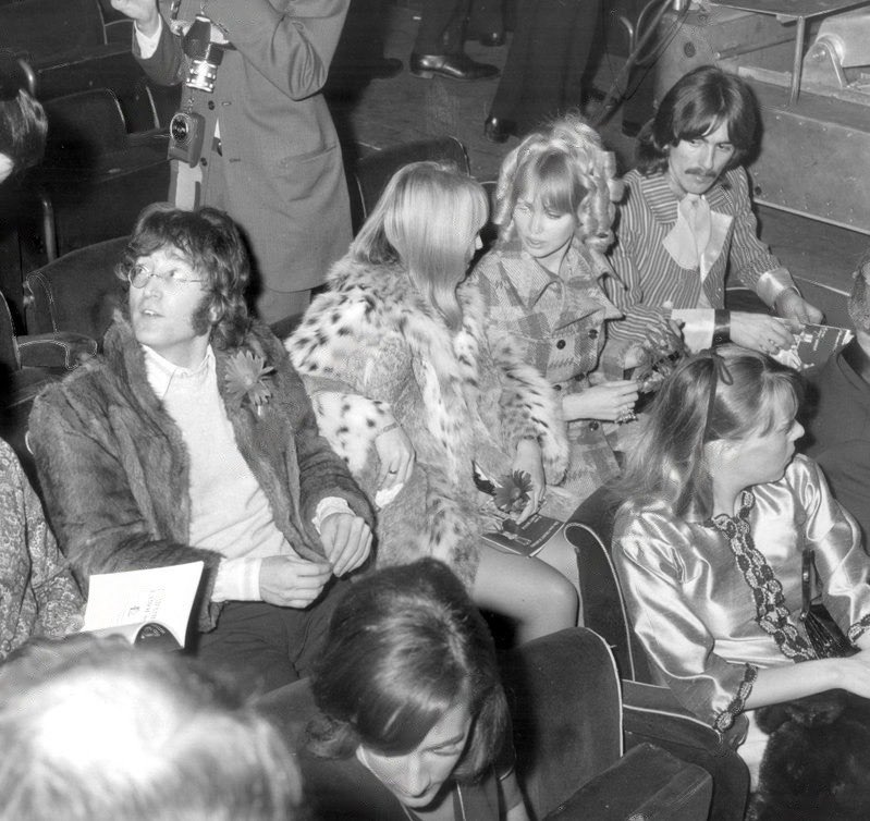Pattie Boyd & George Harrison with Cynthia Lennon & John Lennon at the UNICEF benefit concert at the Palais de Chaillot in Paris, France. 16 December 1967