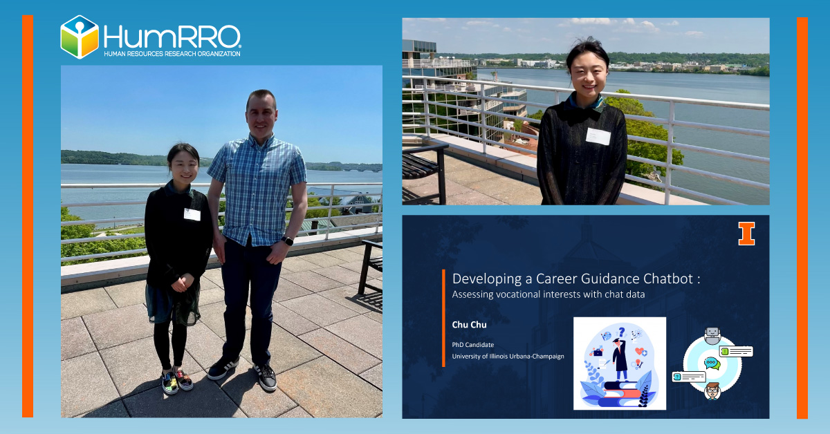 Yesterday, we welcomed Chu Chu, 2023 recipient of the HumRRO Fellowship in I-O Psychology, who is a PhD candidate @UofIllinois. Chu presented her research, 'Developing a Career Guidance Chatbot: Assessing Vocational Interests with Chat Data,' to HumRRO staff.
#IOPsych #Fellowship