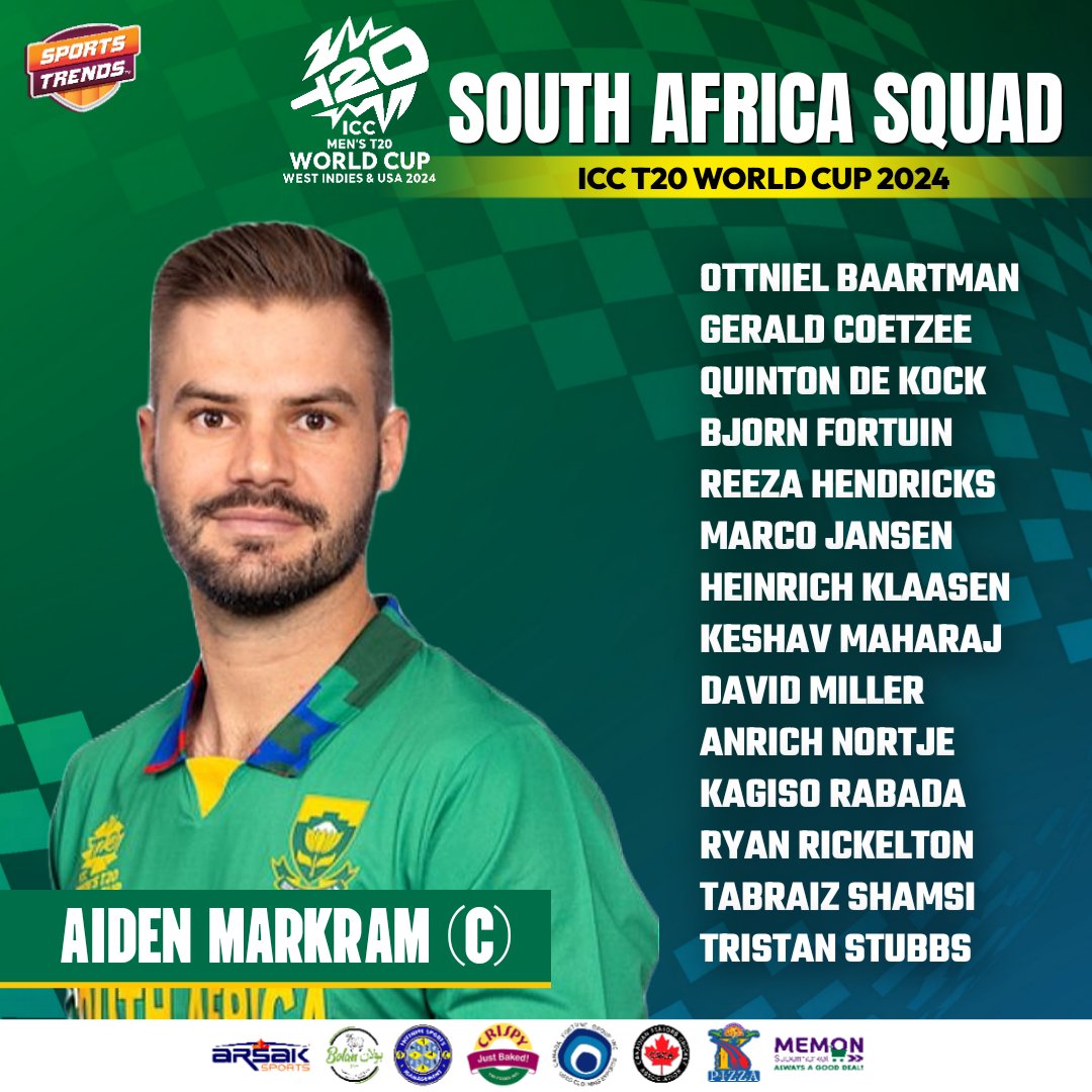 South Africa Squad For ICC T20 World Cup 2024 🏏🇳🇿🏆

#Cricket #SouthAfrica #T20WorldCup #T20WorldCup2024 #IPL2024 #AidenMarkram #QuintonDeKock #SportsTrendsCan #SportsTrendsCanada