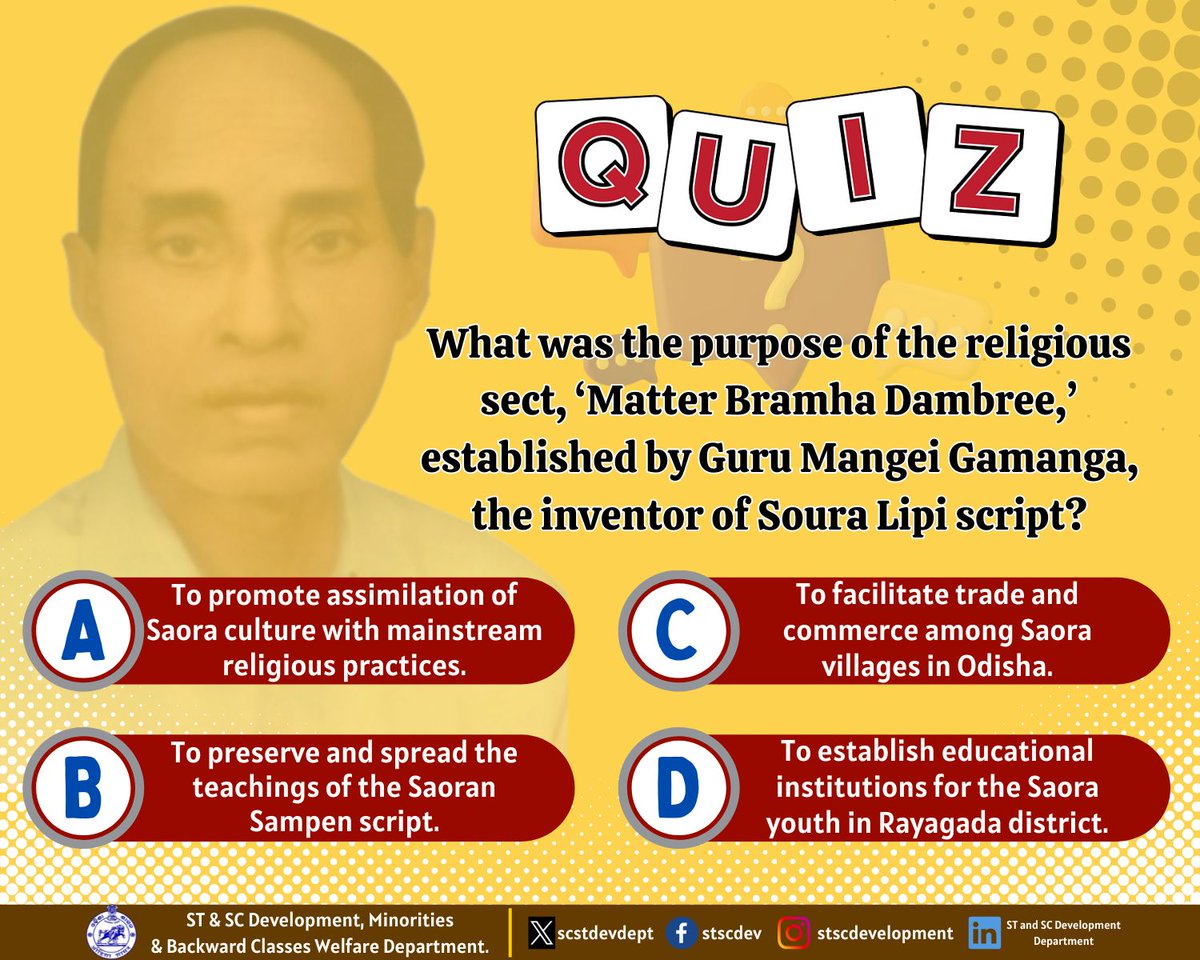 scstdevdept's tweet photo. Ready to test your knowledge on Guru Mangei Gamanga and the Soura Lipi script? Take this quiz and see how much you know about this fascinating aspect of Odisha’s cultural heritage! #GuruMangeiGamanga #Saora #SaoranSampen #script #KnowYourTribals #OdishaTribals #EmpoweringTribalTransformingIndia #quiz #Odisha #SouraLipi
@roopars