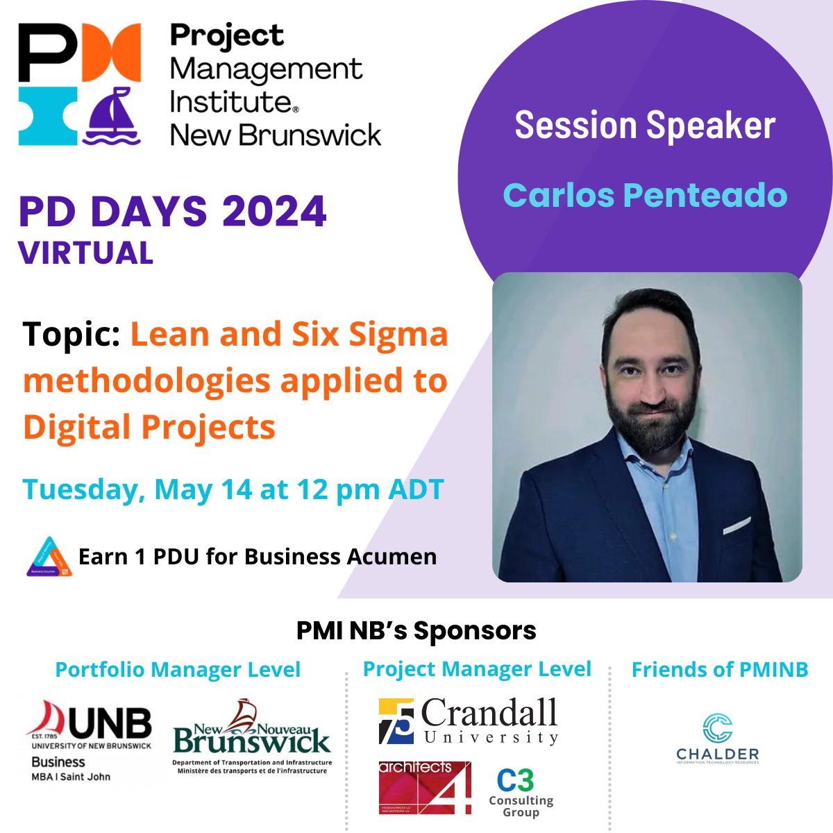 ✨ PMI New Brunswick Presents: Speaker Highlight for PD Days 2024! ✨

Today’s highlighted speaker is Carlos Penteado with his topic "Lean and Six Sigma methodologies applied to Digital Projects". 

Register now at bit.ly/pdday-register

#pminbpddays #PMINB