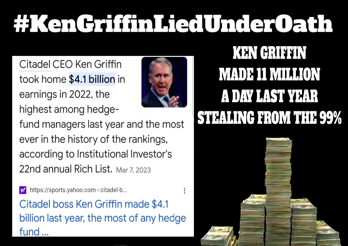 Good morning #AMC #MMTLP Retail Family 🌞 🦍 
Never forget #KenGriffinLiedUnderOath made 4.1 Billion that is 11 Million a day in 2022 stealing from you and I and Millions of investors. He rents space in the exchanges data centers just so he can be first in line to skim off of