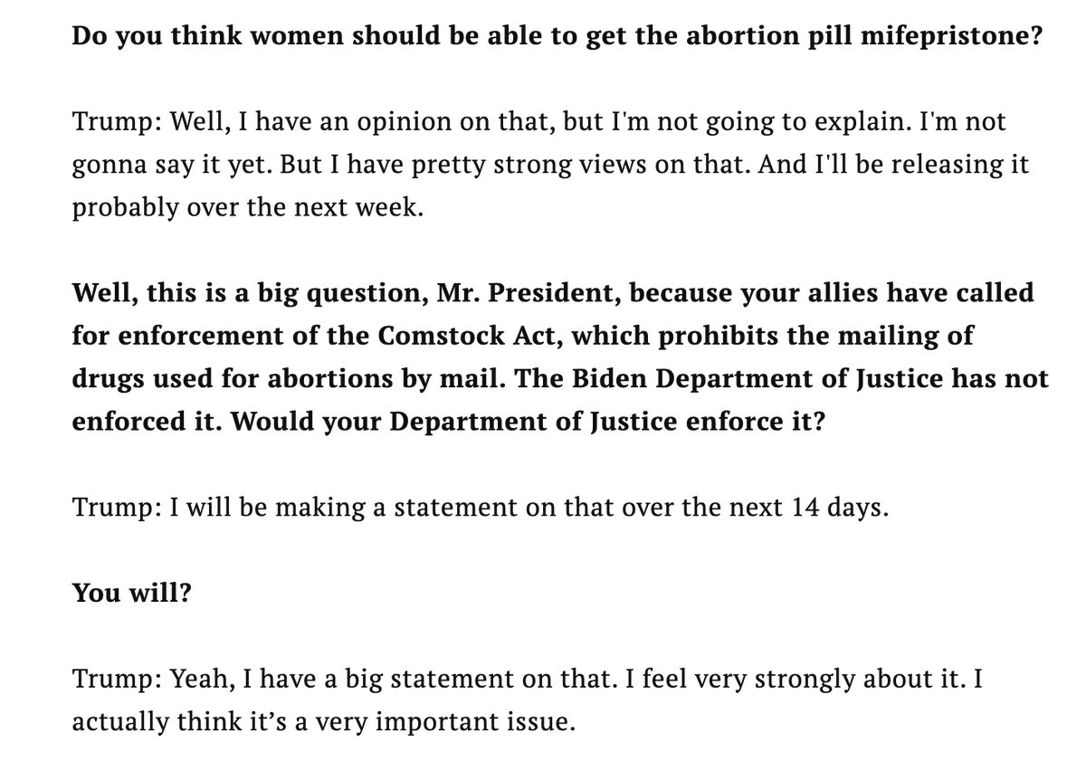 Trump teases a statement on abortion pills and the Comstock Act, either in one week or two. Will we actually see something or is this like the health care plan he repeatedly said was two weeks away? time.com/6972022/donald…