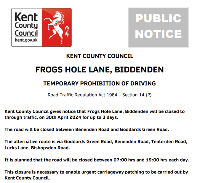 Biddenden, Frogs Hole Lane. Road closures until 2nd May (07:00-19:00 each day) for carriageway patching works: moorl.uk/?y3t35l #Kentpotholes