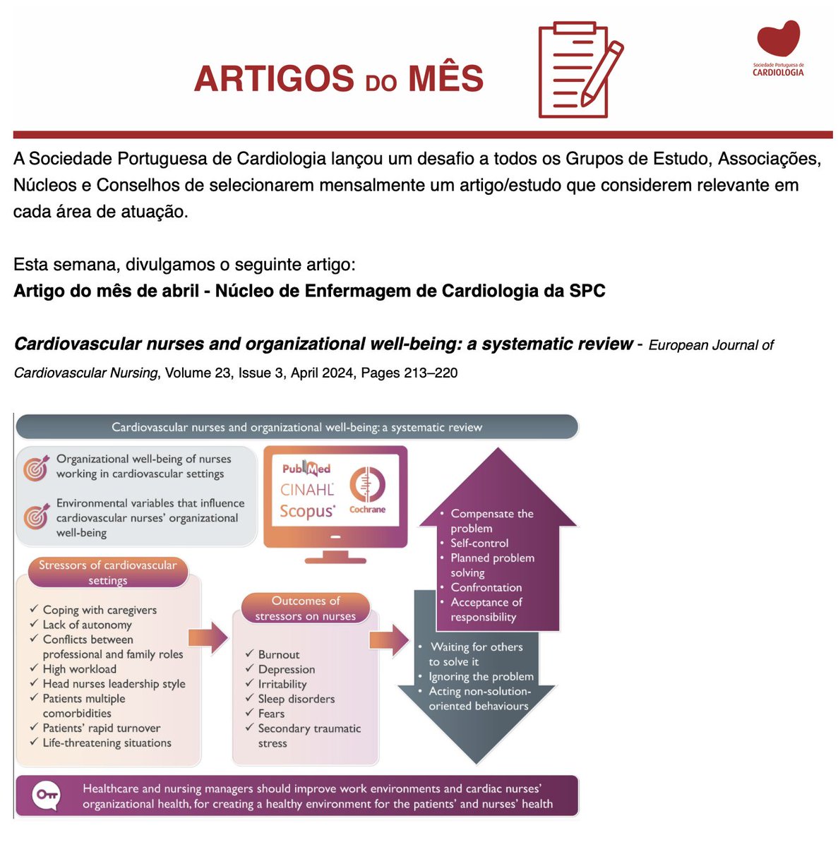 #ArtigoDoMês @spcardio #Núcleo_de_Enfermagem_em_Cardiologia 'Cardiovascular nurses and organizational well-being: a systematic review' Revisão conclui: Gestores de Enfermagem devem promover ambientes de trabalho saudáveis! @EditorEJCN @ACNAPPresident academic.oup.com/eurjcn/article…