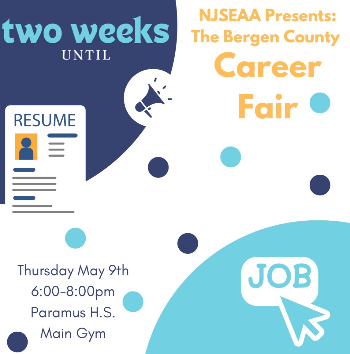 The NJSEAA Bergen County Career Fair is only 2 weeks away! Please join us in the Paramus High School main gym from 6-8 p.m. on May 9.

#njseaa #bergencountycareerfair #careerfair