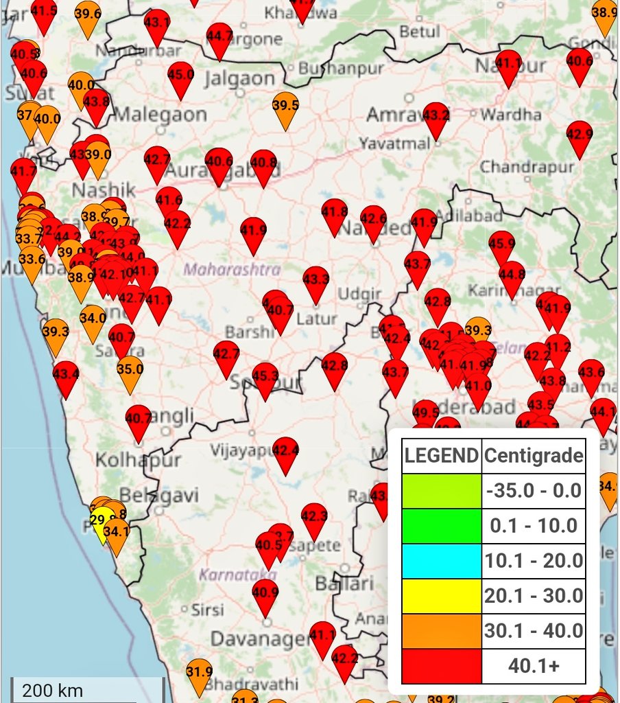 30 April, Tmax #Maharashtra SOLAPUR 44°C PARBHANI 41.6 SANGLI 42.4 A'NAGAR 41.0 KOLHAPUR 40 SATARA 41 JALNA 41 JALGAON 43 THANE 42 PUNE 41.7 BARAMATI 40.9 NASHIK 39.5 CH SAMBAJI NGR 40.8 MALEGAON 43.2 🔴🔴Please take care,