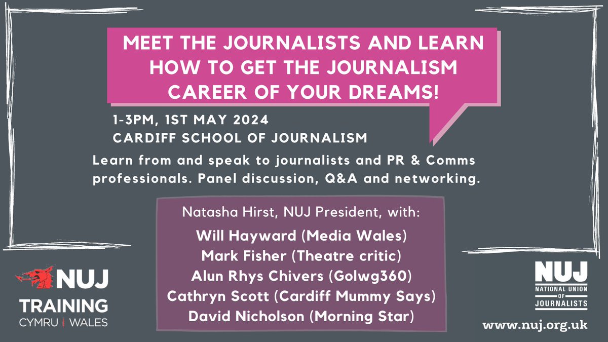TOMORROW! 1-3pm @CardiffJomec - don't miss out on this amazing panel of speakers from across journalism and PR & comms. Panel discussion, Q&A and the chance to discuss how you can build the journalism career of your dreams! @NUJWales